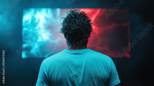 A man stands with his back towards a captivating colorful light display, representing the dichotomy between choice and emotion in a visually striking abstract art experience.