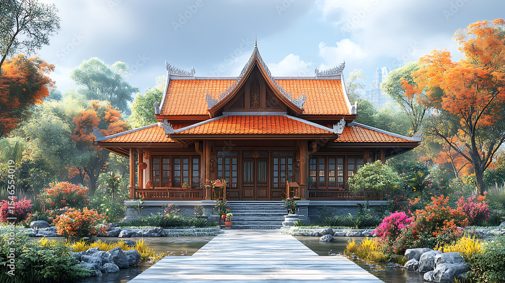 A vibrant rendering of a traditional Ayutthayan house, showcasing its unique architectural style and surrounding landscape against a pure white background A vibrant rendering of a traditional Ayutthayan house, showcasing its unique architectural style and surrounding landscape against a pure white background