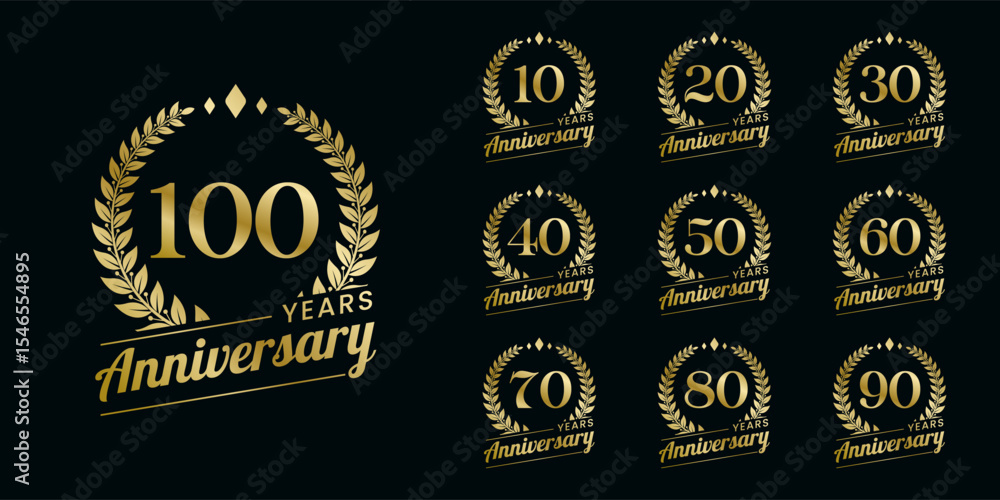 Obraz premium Set of vector icon or logo designs for 10th to 100th anniversary with laurel wreath, in gold color for celebrations, weddings and birthdays