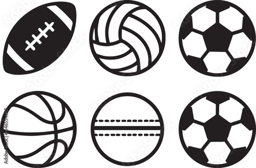 Six popular sport balls icons american football volleyball soccer basketball cricket