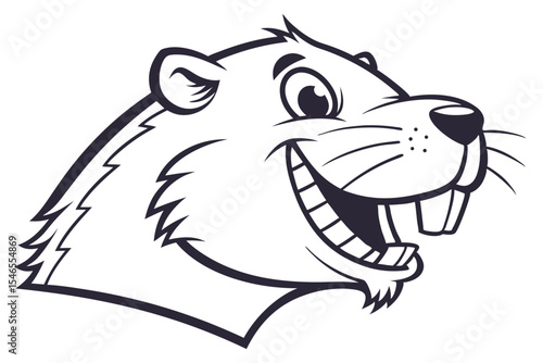 A cartoon beaver character is smiling widely, showing large teeth in this monochrome image