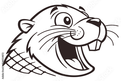 Cartoon beaver character shows big buck teeth while laughing heartily in black and white