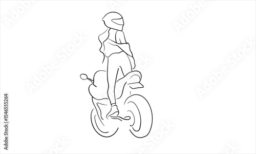 Girl on a motorcycle with a helmet, continuous line art drawing isolated on white background. Biker chick outline. Vector illustration	