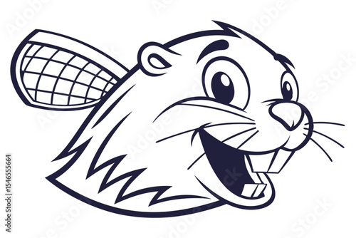 Animated beaver head with large teeth smiles happily in a playful character style