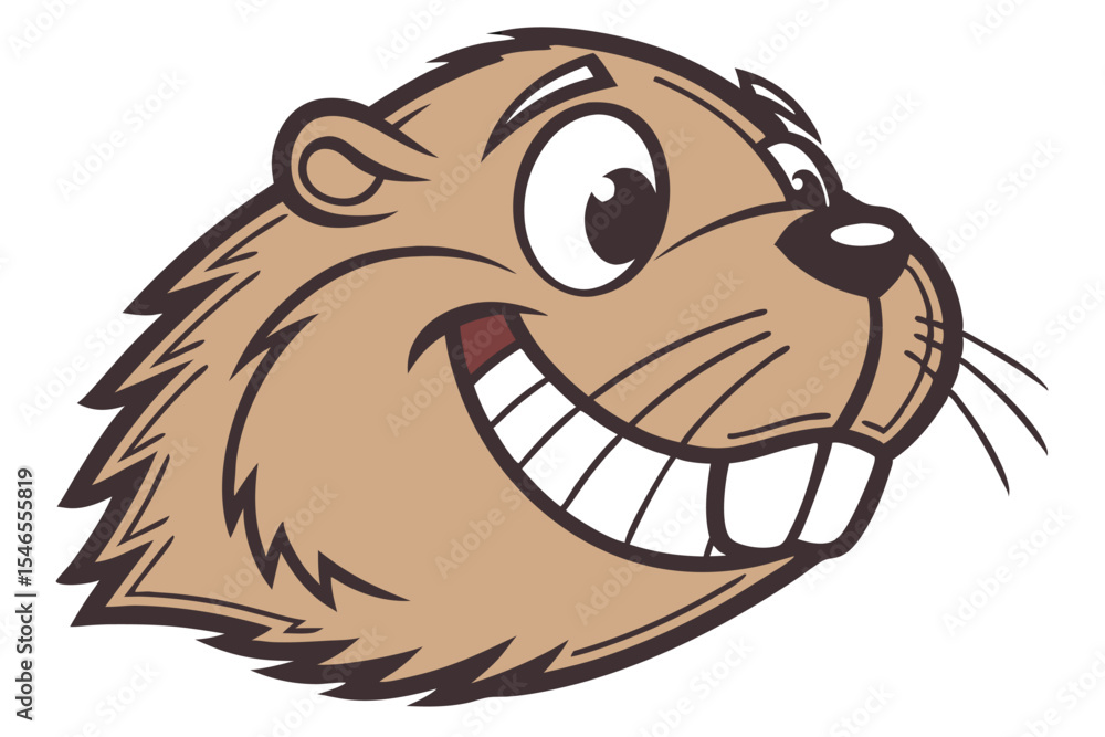 Obraz premium Smiling cartoon beaver with visible teeth and happy expression looks to the right side