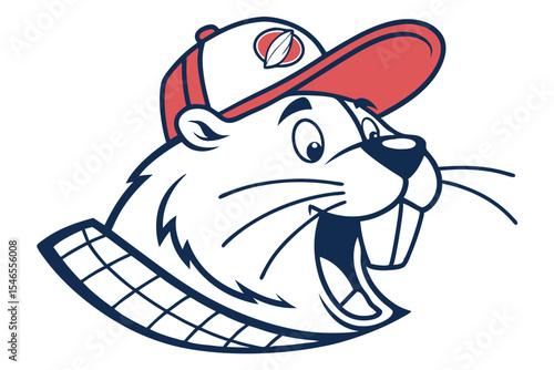 Upbeat cartoon beaver wearing a baseball cap grins broadly, showing his buck teeth