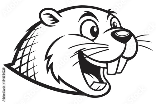 The joyful cartoon beaver with prominent teeth grins widely in simple monochrome line work