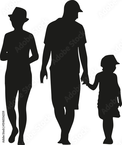 Family silhouette walking together, adult couple with child holding hands, intergenerational bond, togetherness, minimalist black and white graphic, parental care, childhood memories.