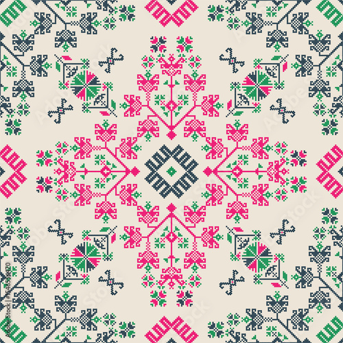Seamless vector pattern with traditional Mexican Teenek Huastek embroidery symbols