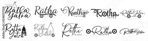 A set of elegant black and white Ratha Yatra Typography with chariot wheels and temple icons. Perfect for branding, cultural posters, merchandise, and Indian festival identity design.