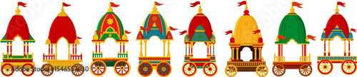 A set of traditional colorful chariot vector illustrations for Ratha Yatra, celebrating Lord Jagannath's annual festival. Ideal for Indian religious art, posters, print, and cultural designs.