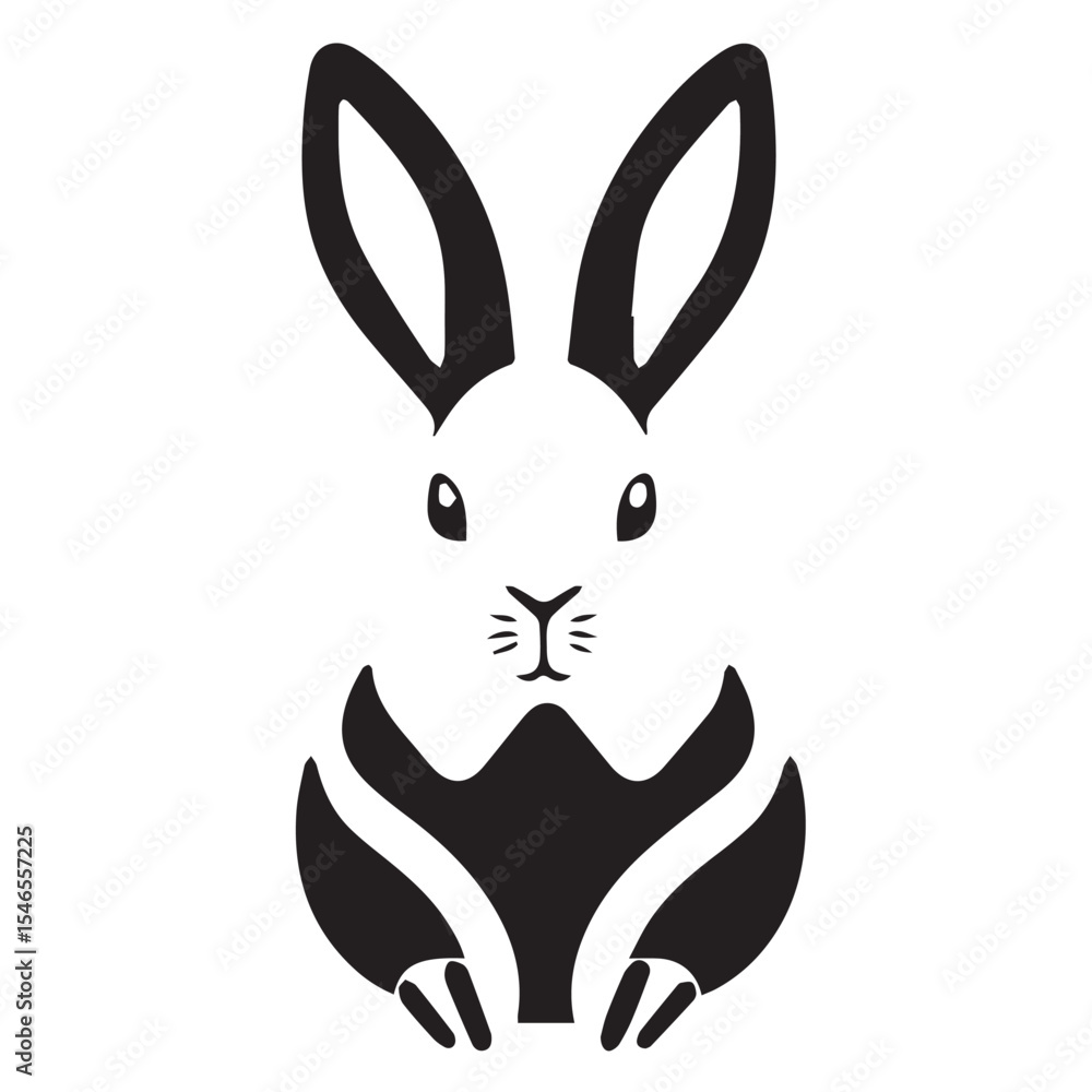 Fototapeta premium A black and white vector illustration of a rabbit with long ears, facing forward.