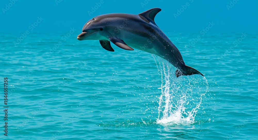 Obraz premium Dolphin Jumping Out of Ocean Water with Splashes Under Bright Sky