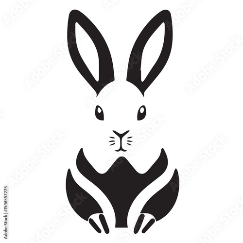 A black and white vector illustration of a rabbit with long ears, facing forward.