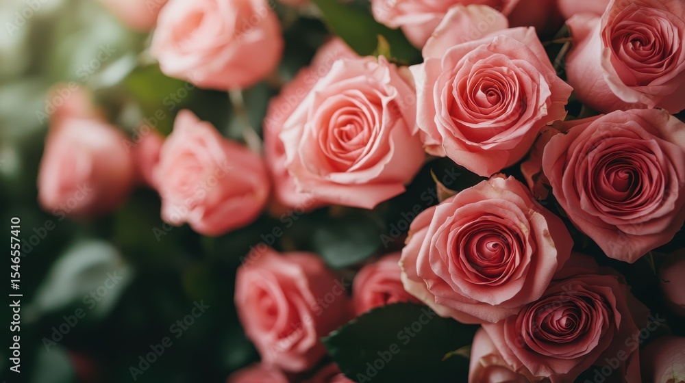 Obraz premium A charming arrangement of soft pink roses, bathed in natural light, symbolizing love and beauty, perfect for romantic occasions and celebrations.