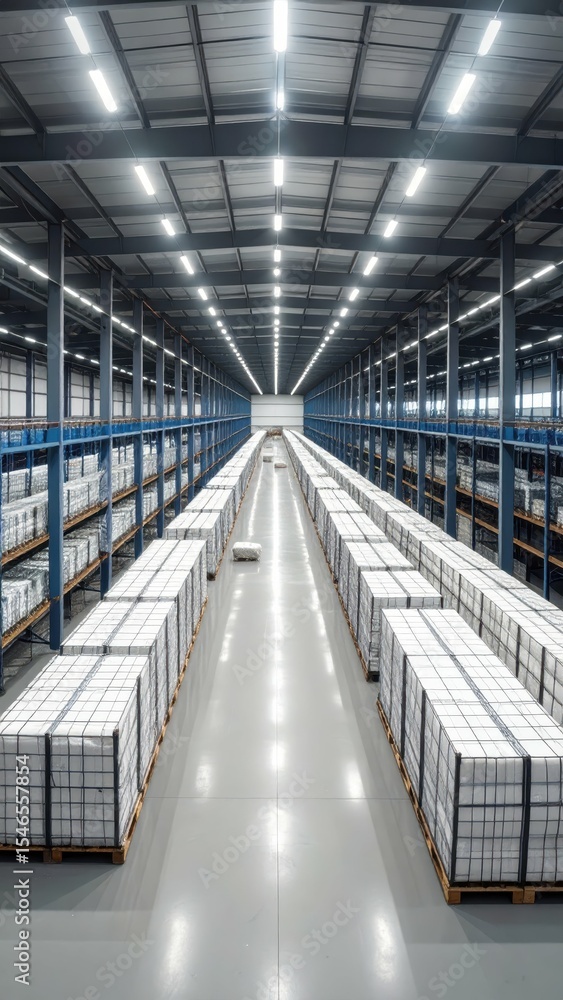 Fototapeta premium Minimalist Warehouse with Cargo Pallets and Steel Beams Under Strobe Light