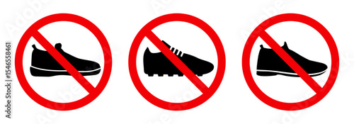 No shoes icon symbol set. Remove footwear sign. Shoes not allowed. Prohibition, prohibited, forbid shoes. Warning red round sign