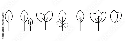 Plant Growth and Gardening Icon Set – Outline Style Nature and Leaf Development Symbols