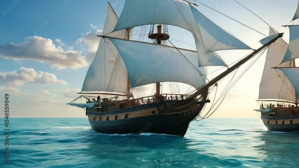 Sailing ships, detailed digital painting, white, brown, and blue, representing adventure and historical travel. Sailing ships, detailed digital painting, white, brown, and blue, representing adventure and historical travel.
