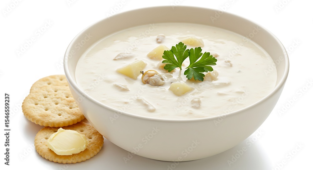Creamy Clam Chowder Soup Bowl with Crackers for Comfort Food Creamy Clam Chowder Soup Bowl with Crackers for Comfort Food