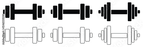 Gym Fitness Equipment Icon Set – Dumbbell, Barbell, Kettlebell Vector Collection for Training and Workout