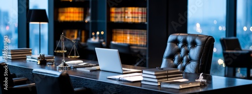 Modern lawyer’s office desk with laptop and legal books, city view through window, elegant workspace