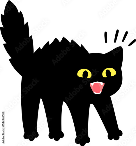 Angry black cat hissing and threatening with arched back and fur standing up. Simple cute cartoon drawing, isolated vector clip art illustration.