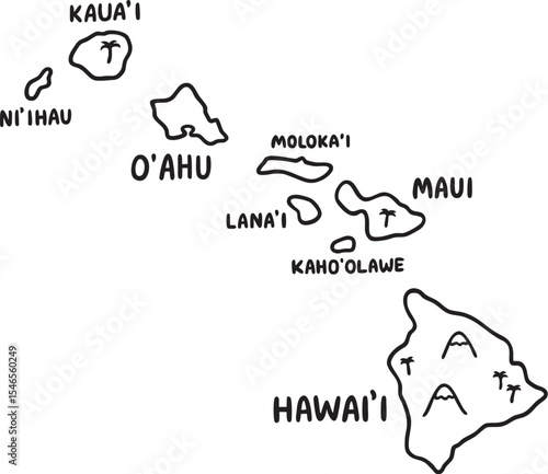 Hawaii map cute cartoon doodle. Hand drawn vector illustration of Hawaiian islands in simple style, black and white line art.