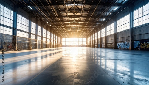 Modern warehouse interior with cargo nets and graffiti artwork