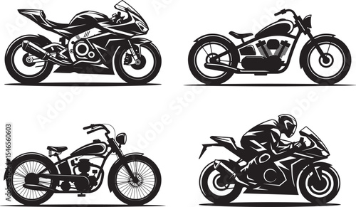 Set of motorcycle silhouettes including sportbike chopper and custom motorbikes isolated on white