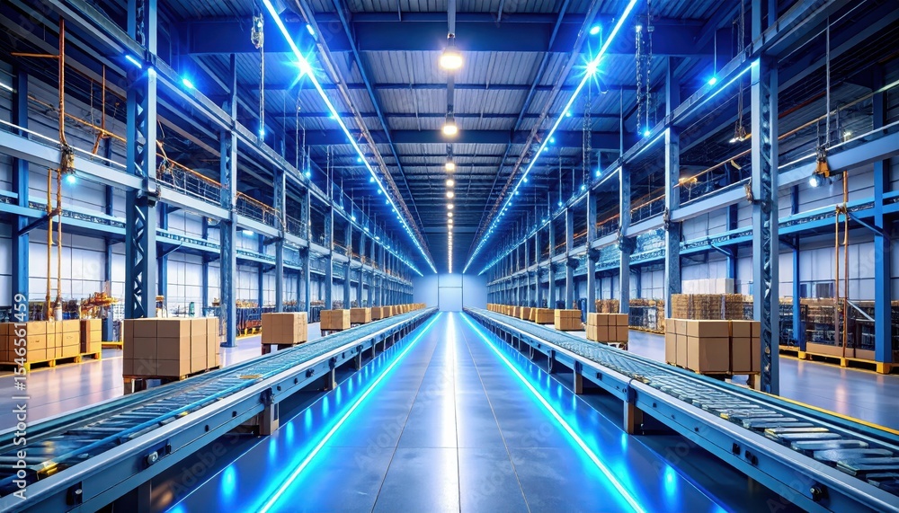 Fototapeta premium Modern Warehouse with Conveyor Belts and Fluorescent Lighting