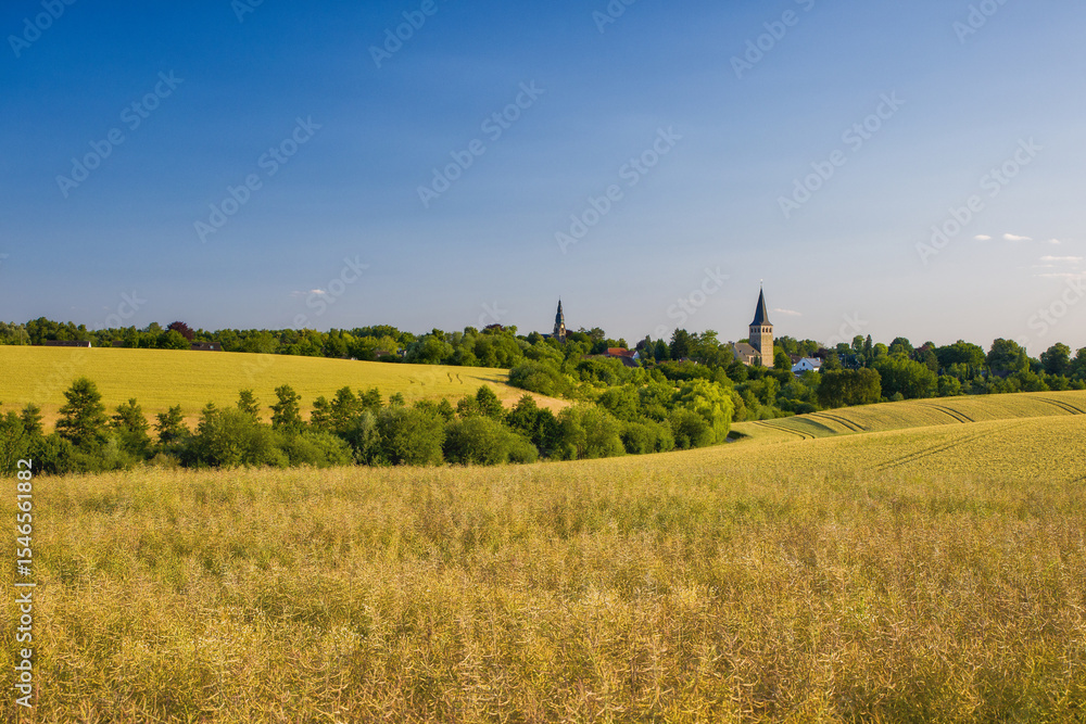 Obraz premium the two churches called Wiesnasen of Ratingen Homberg at summer evenig sun with blue sky and rye field