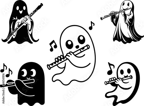 Set of cute ghost characters blowing flutes in different musical poses on white background