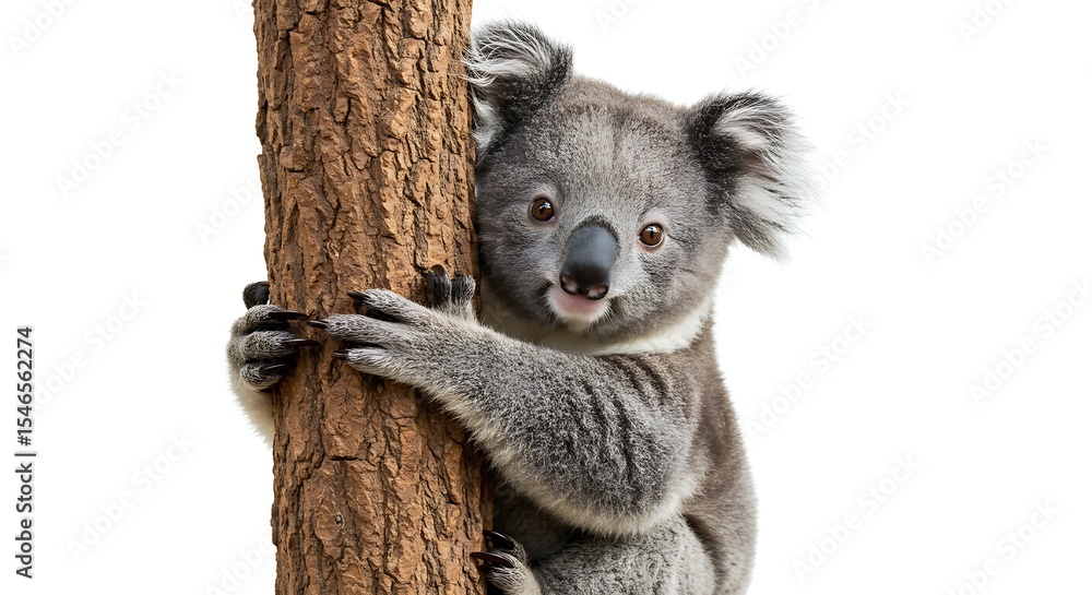 Fototapeta premium Koala Bear Climbing Tree Trunk Cute Australian Wildlife Animal Portrait