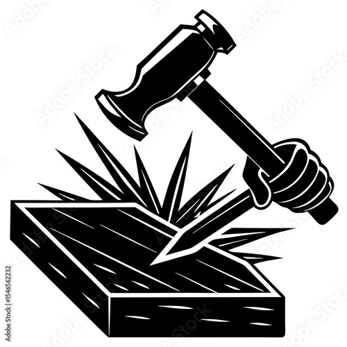 Hammer and chisel hitting wood isolated on white background