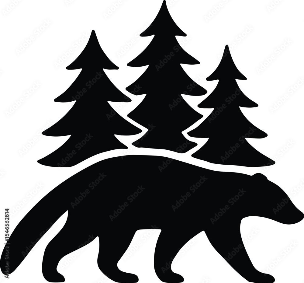 Naklejka premium Silhouette bear walking through trees forest wildlife animal vector illustration