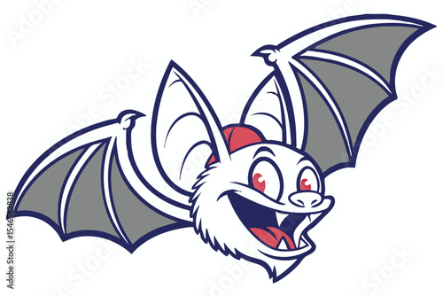 Cartoonish white bat with red eyes smiles widely while flapping grey wings against white