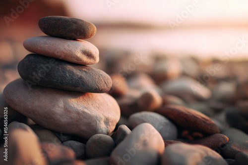 Stacked river stones in warm sunlight, neutral tones, gentle depth of field.