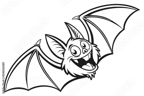 Joyful black and white cartoon bat is happily flying with its wings spread wide