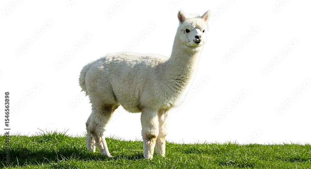 Fototapeta premium Cute White Alpaca Standing in Green Grass