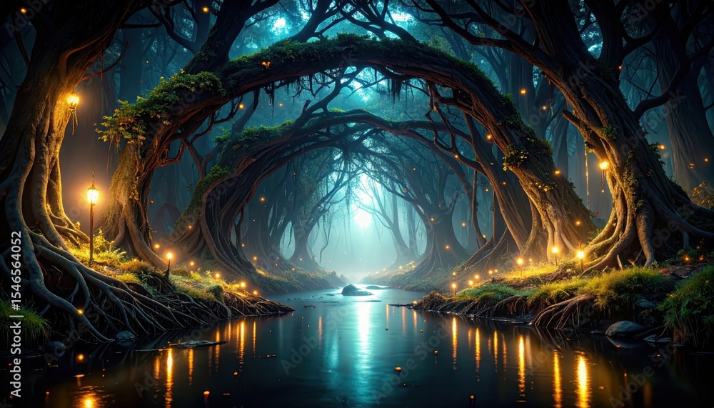 Obraz premium Ethereal Forest with River and Fireflies Under Mysterious Glow