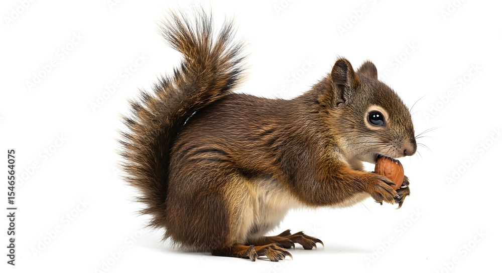 Obraz premium Cute Squirrel Eating Hazelnut on White Background