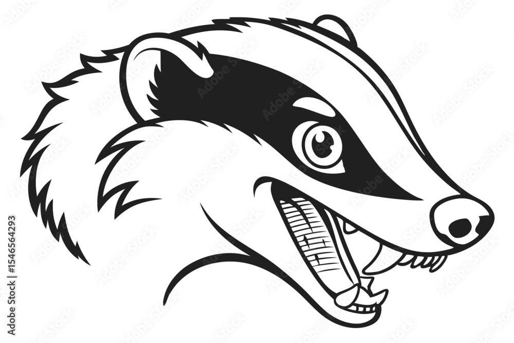 Black and white badger head shows sharp teeth in the open mouth Black and white badger head shows sharp teeth in the open mouth