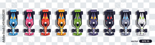 Top view racing cars set isolated. View from above. Cute cartoon transport with shadows. Modern vehicle. View from the bird's eye. Realistic car design. Flat style vector illustration.