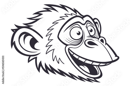 Cartoon chimpanzee with a surprised expression is smiling widely showing its teeth in black and white