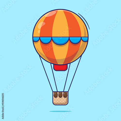 Flat design cartoon of flying hot air balloon with basket vector illustration concept. Air transportation for travel, adventure, journey and many things