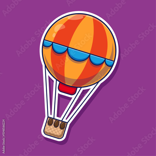 Hot air balloon with basket icon, mascot, sticker symbol illustration cartoon vector with flat style concept