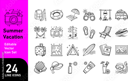 Summer Vacation Editable Icon Set — Modern Thin Line Vector Illustrations Featuring Travel Essentials: Sea, Surfing, Beach, Hotel, and More. Perfect for Mobile Apps, Pictograms, and Infographics.