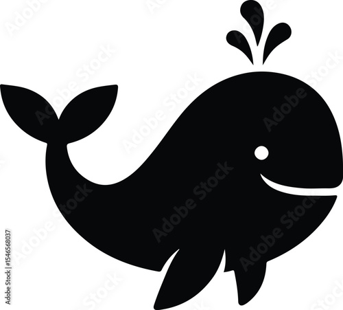 Silhouette cute whale spouting water black and white vector illustration