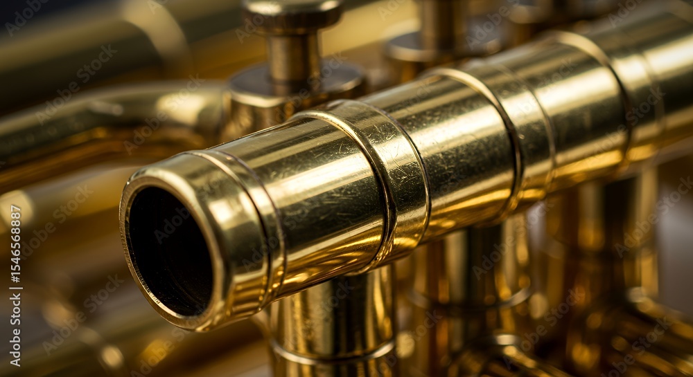 Naklejka premium Close-up of a Gold Trombone's Valve Section, Gleaming Brass Instrument Detail